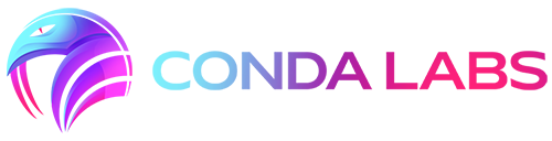 The logo for Conda Labs which looks like a snake head and the words "Conda Labs" in a mix of turquise and pink coloring